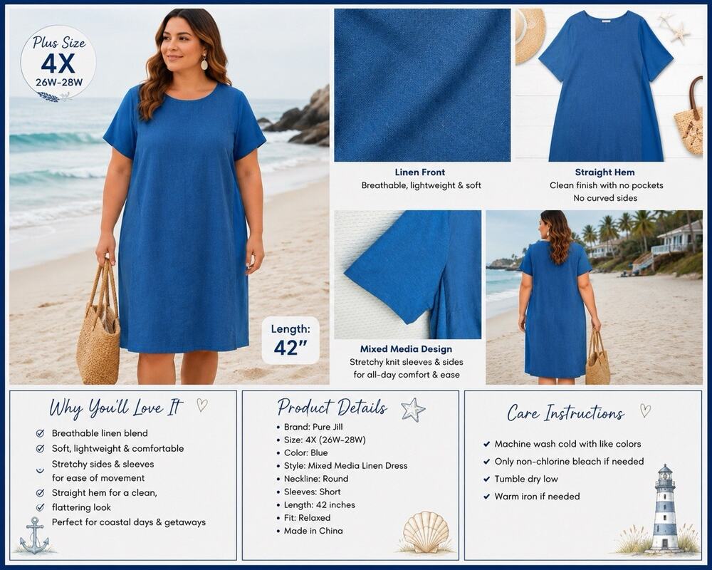 Pure Jill Linen Tencel Dress Mixed Media, Blue Linen Shirt, Dress Plus Size 4X￼